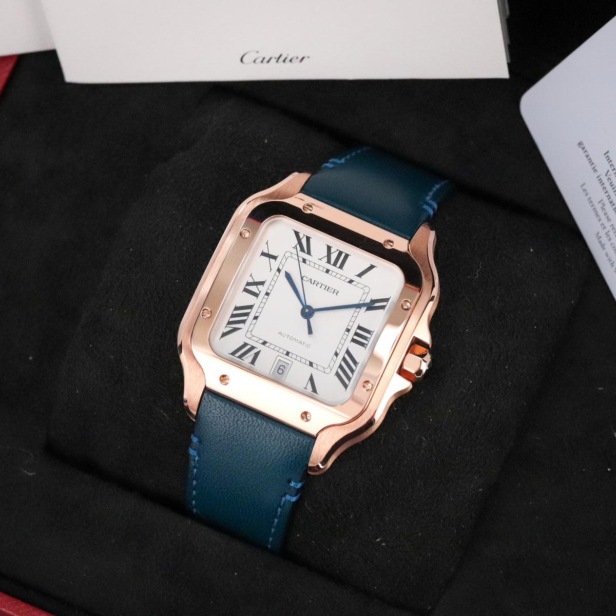 Cartier Santos Large 2023 Complete 40mm Rose Gold White Roman Dial Blue Strap WGSA0019