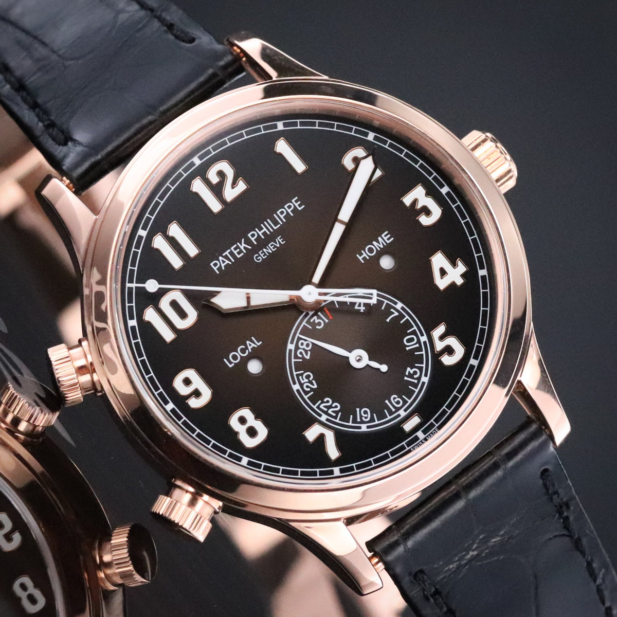 Patek Philippe Calatrava Pilot Travel Time Complete 42mm Rose Gold Brown Sunburst Dial Brown Calfskin Strap 5524R-001