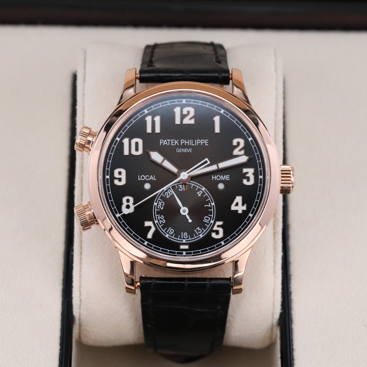 Patek Philippe Calatrava Pilot Travel Time Complete 42mm Rose Gold Brown Sunburst Dial Brown Calfskin Strap 5524R-001