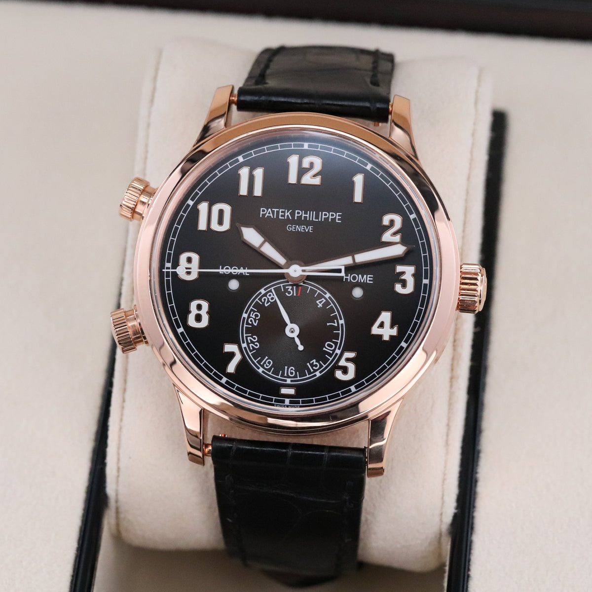 Patek Philippe Calatrava Pilot Travel Time Complete 42mm Rose Gold Brown Sunburst Dial Brown Calfskin Strap 5524R-001