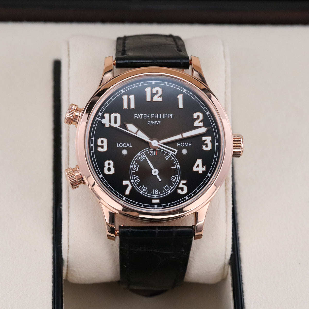 Patek Philippe Calatrava Pilot Travel Time Complete 42mm Rose Gold Brown Sunburst Dial Brown Calfskin Strap 5524R-001