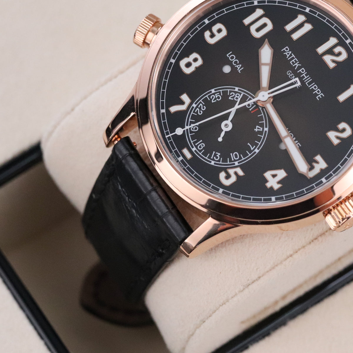 Patek Philippe Calatrava Pilot Travel Time Complete 42mm Rose Gold Brown Sunburst Dial Brown Calfskin Strap 5524R-001