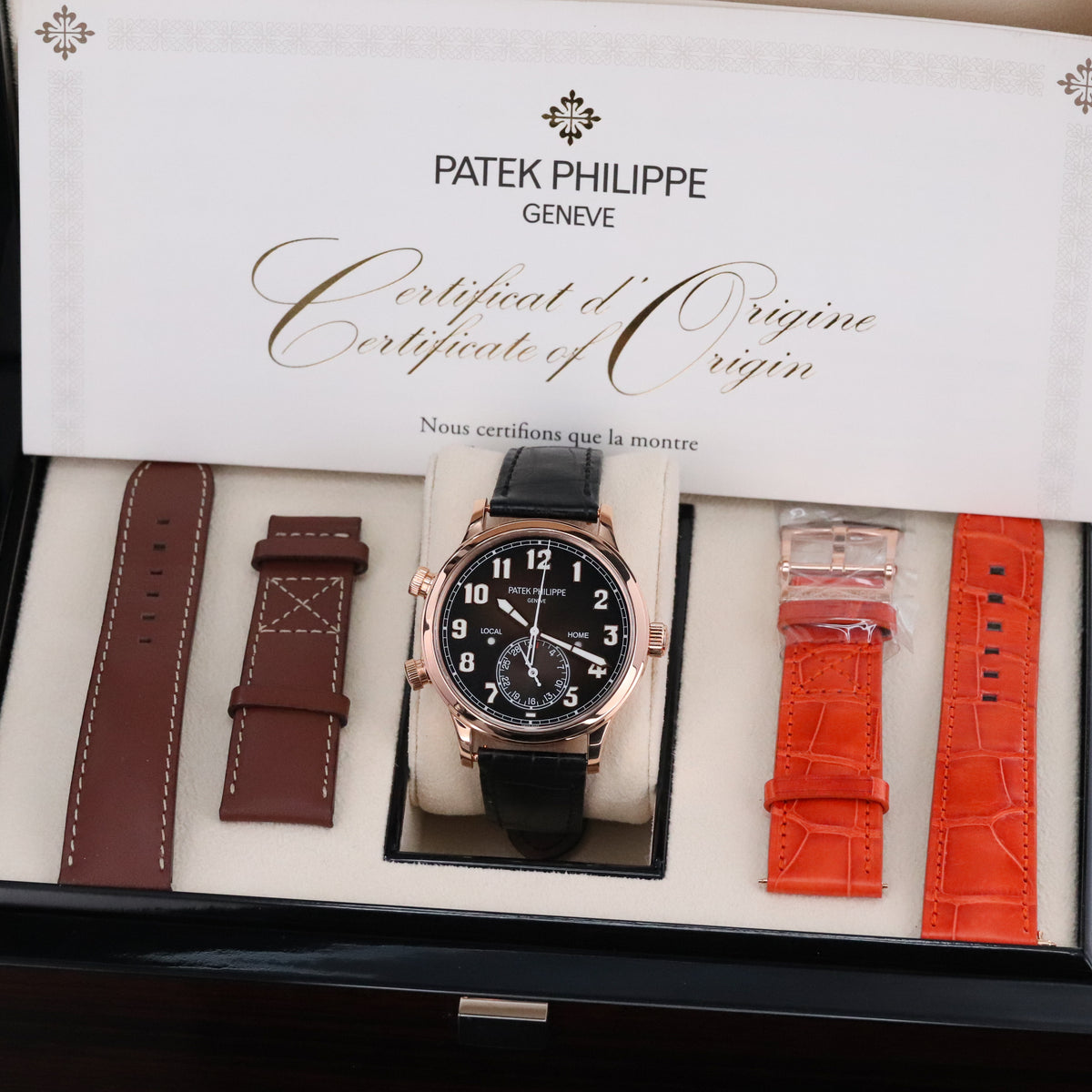 Patek Philippe Calatrava Pilot Travel Time Complete 42mm Rose Gold Brown Sunburst Dial Brown Calfskin Strap 5524R-001