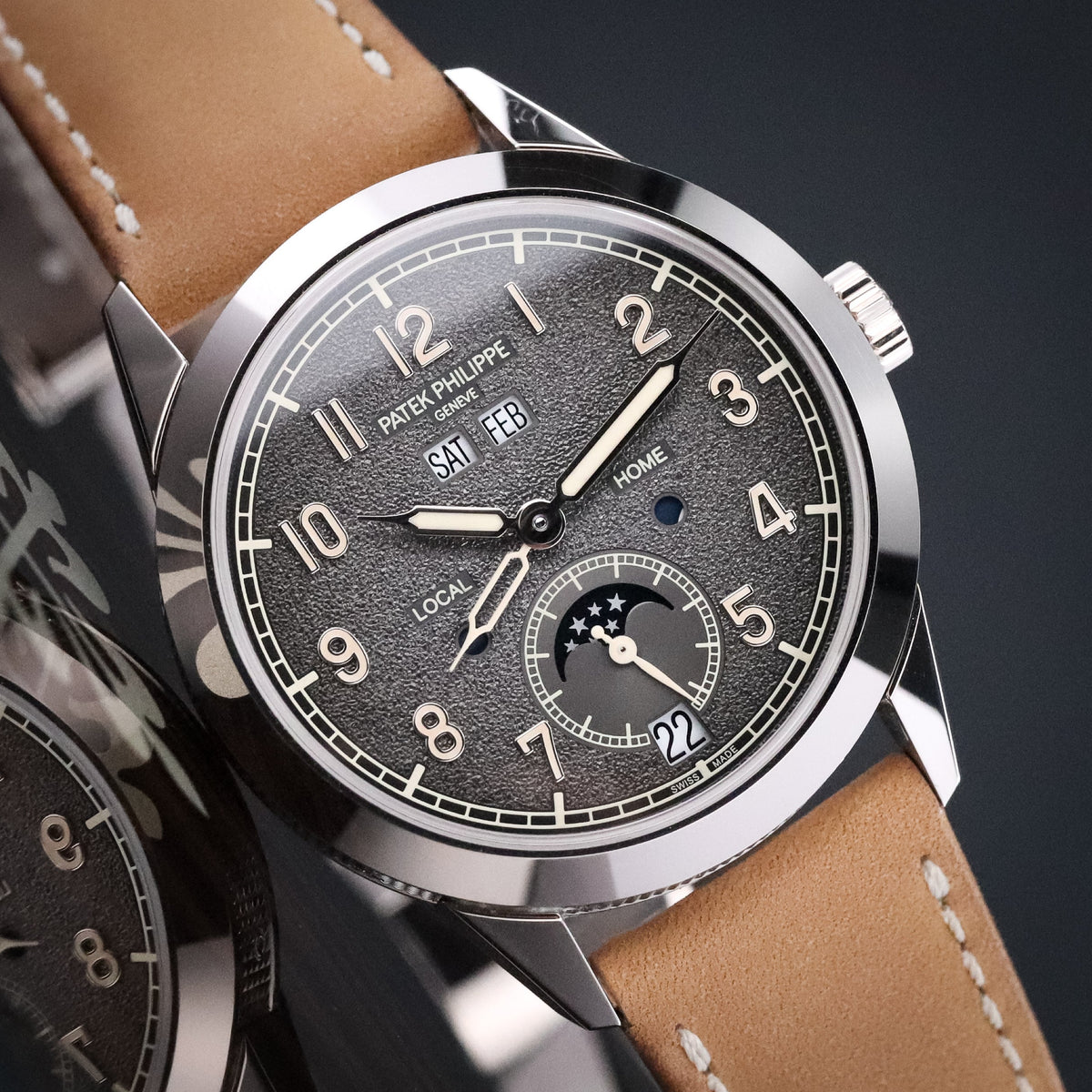 Patek Philippe Annual Calendar Travel Time 2022 Complete 41mm White Gold Charcoal Gray Dial Calfskin Strap 5326G-001