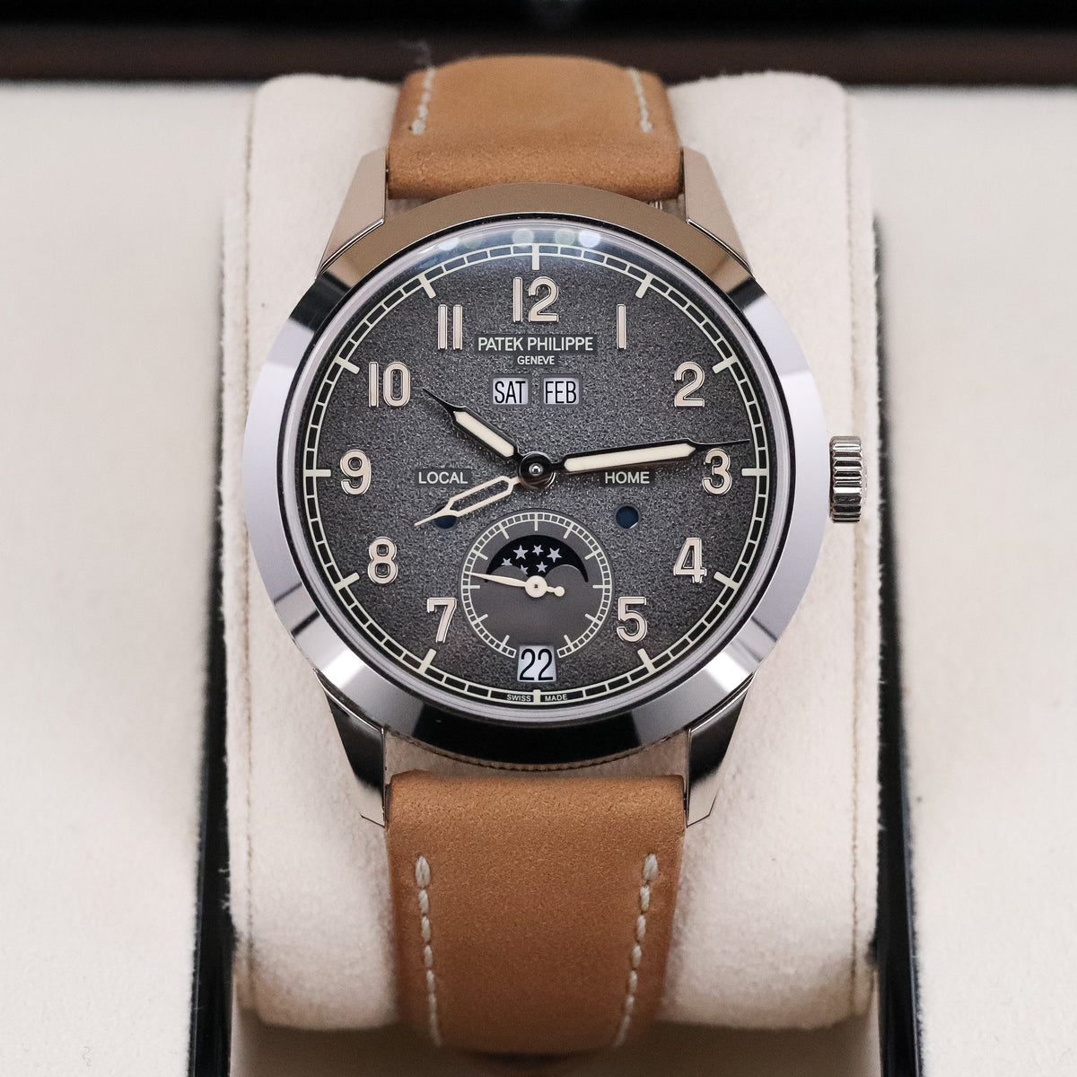 Patek Philippe Annual Calendar Travel Time 2022 Complete 41mm White Gold Charcoal Gray Dial Calfskin Strap 5326G-001