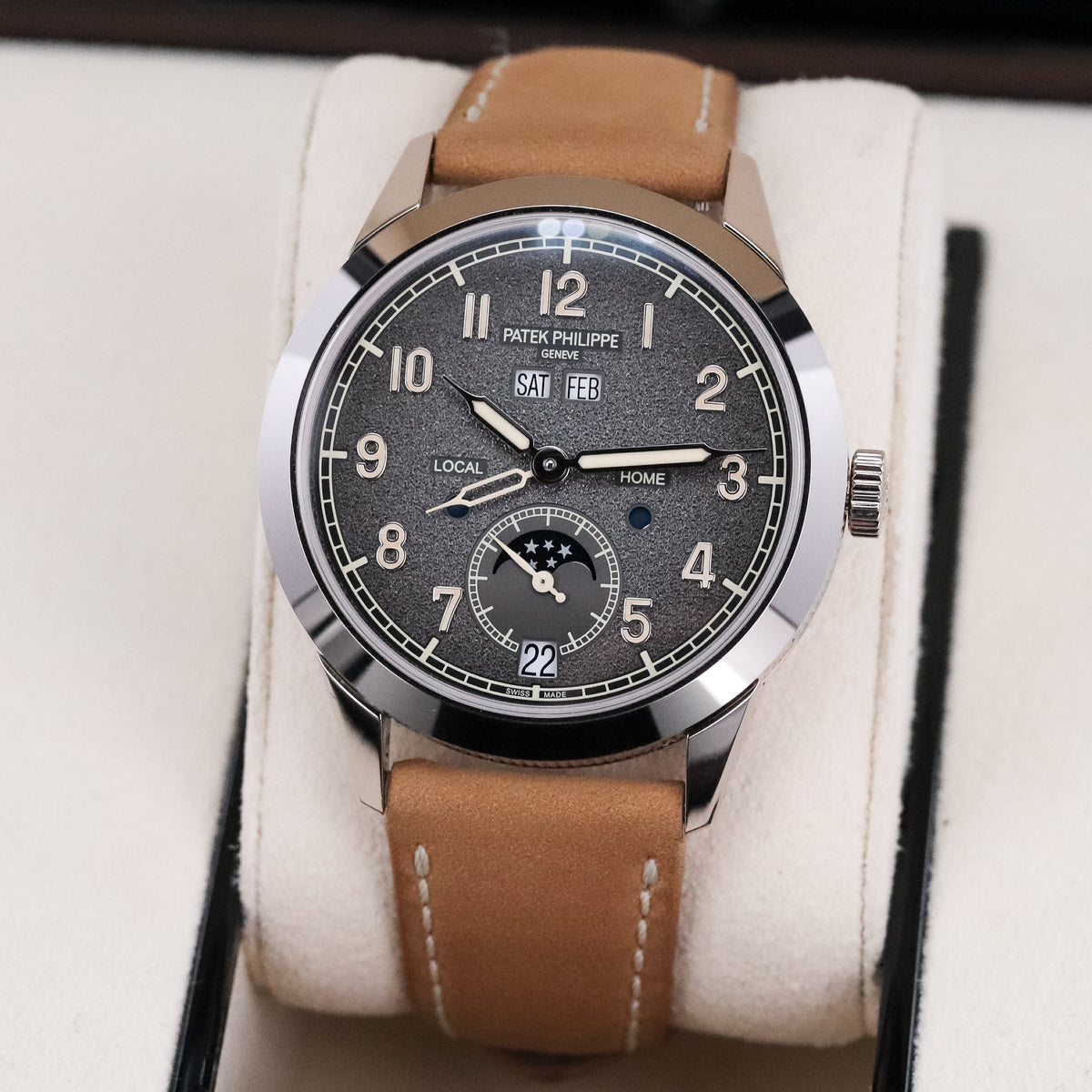 Patek Philippe Annual Calendar Travel Time 2022 Complete 41mm White Gold Charcoal Gray Dial Calfskin Strap 5326G-001