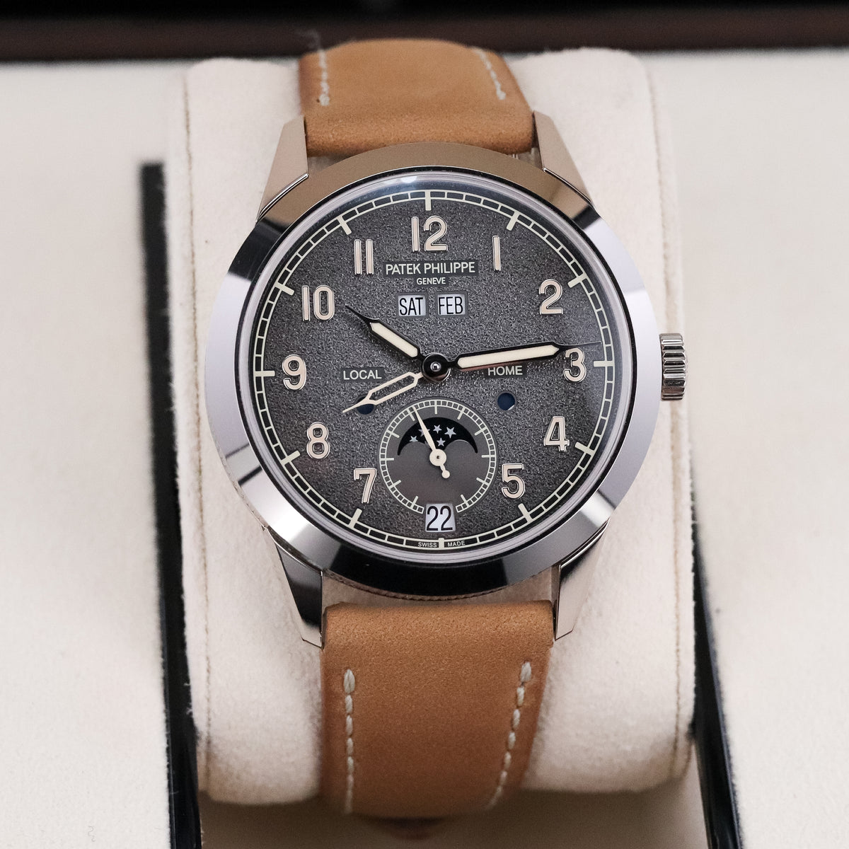 Patek Philippe Annual Calendar Travel Time 2022 Complete 41mm White Gold Charcoal Gray Dial Calfskin Strap 5326G-001