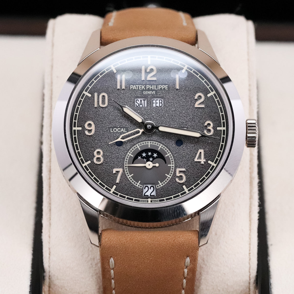 Patek Philippe Annual Calendar Travel Time 2022 Complete 41mm White Gold Charcoal Gray Dial Calfskin Strap 5326G-001