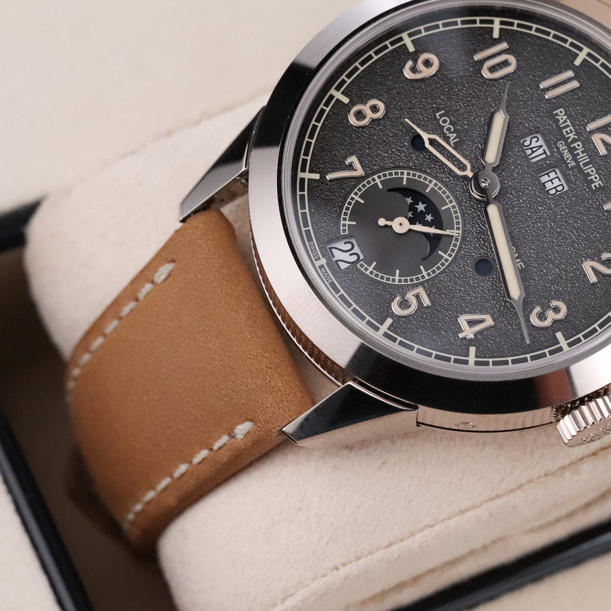 Patek Philippe Annual Calendar Travel Time 2022 Complete 41mm White Gold Charcoal Gray Dial Calfskin Strap 5326G-001