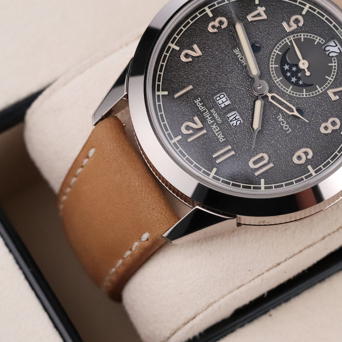 Patek Philippe Annual Calendar Travel Time 2022 Complete 41mm White Gold Charcoal Gray Dial Calfskin Strap 5326G-001