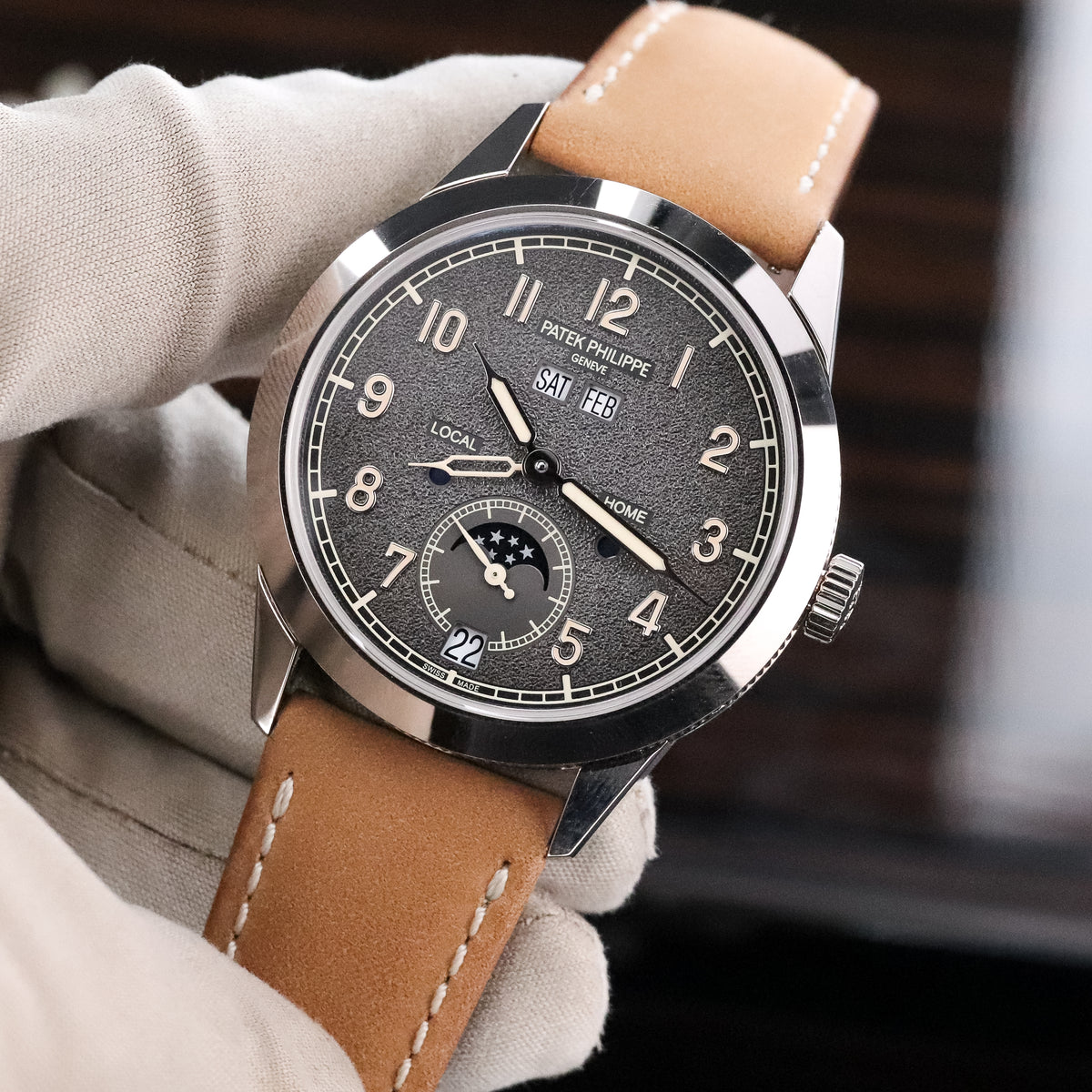 Patek Philippe Annual Calendar Travel Time 2022 Complete 41mm White Gold Charcoal Gray Dial Calfskin Strap 5326G-001