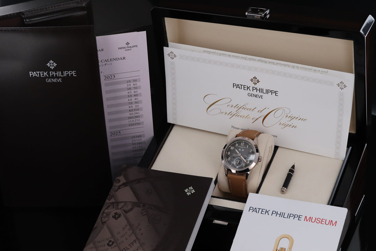 Patek Philippe Annual Calendar Travel Time 2022 Complete 41mm White Gold Charcoal Gray Dial Calfskin Strap 5326G-001