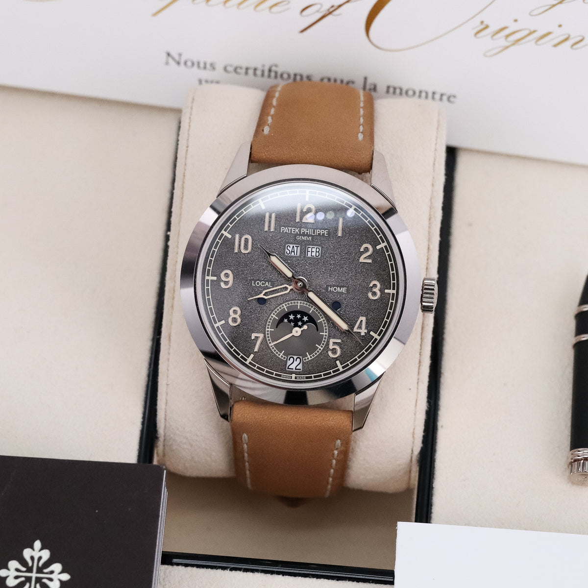 Patek Philippe Annual Calendar Travel Time 2022 Complete 41mm White Gold Charcoal Gray Dial Calfskin Strap 5326G-001