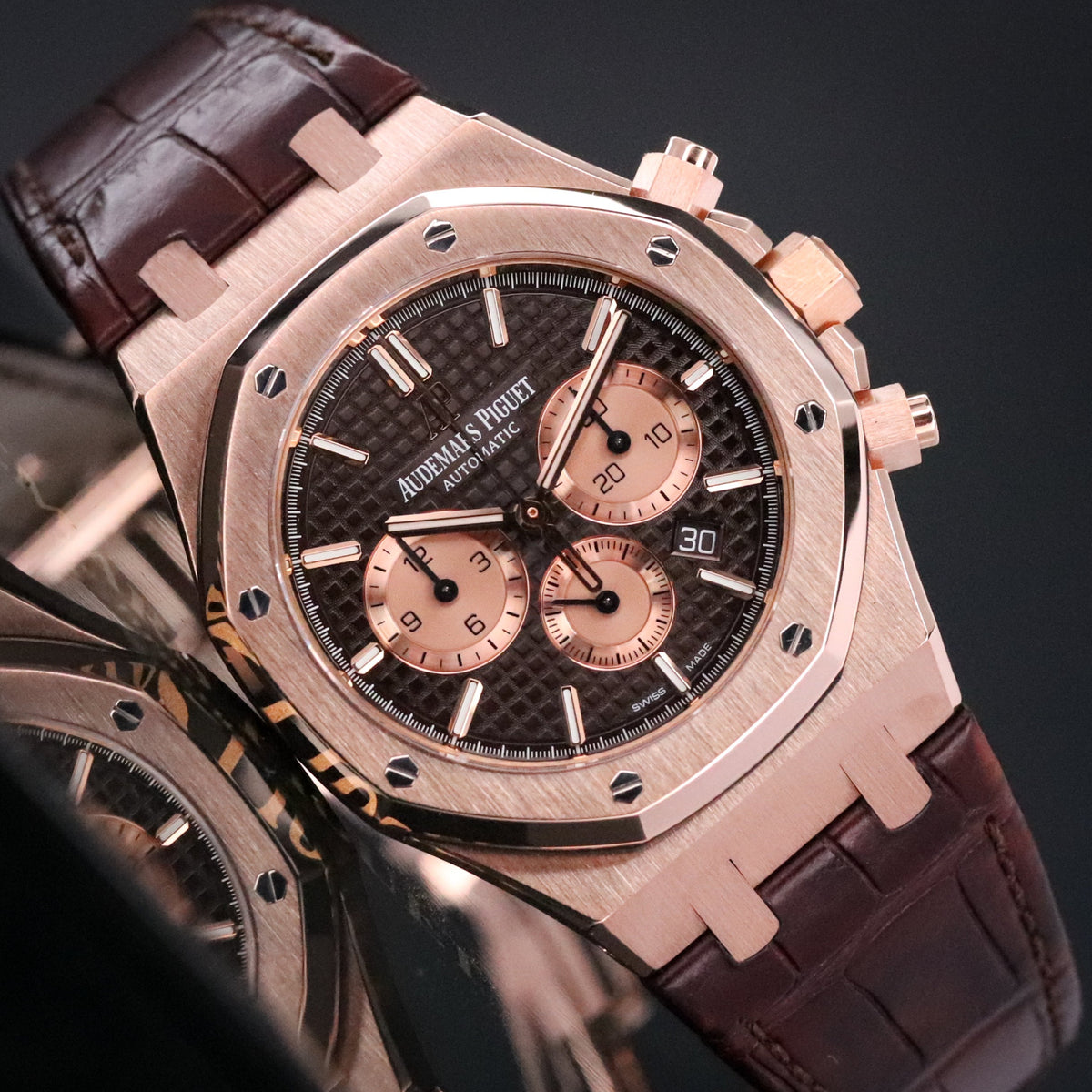 Audemars Piguet Royal Oak Chrono 2023 Complete 41mm Rose Gold Brown Chocolate Dial Brown Leather Strap 26331OR