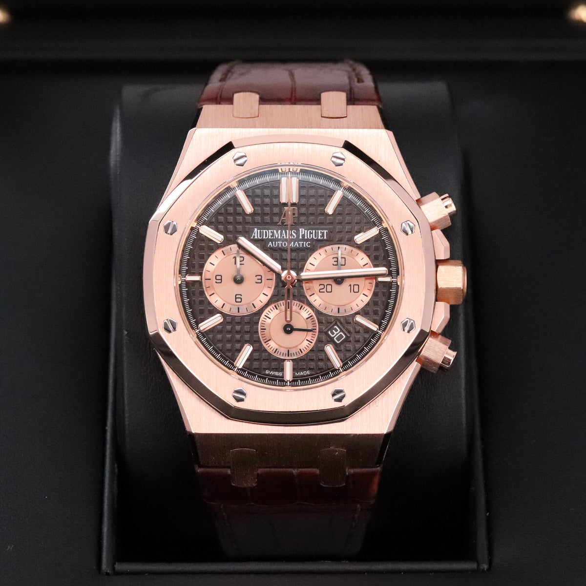 Audemars Piguet Royal Oak Chrono 2023 Complete 41mm Rose Gold Brown Chocolate Dial Brown Leather Strap 26331OR
