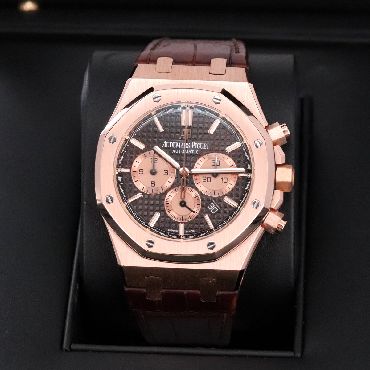 Audemars Piguet Royal Oak Chrono 2023 Complete 41mm Rose Gold Brown Chocolate Dial Brown Leather Strap 26331OR