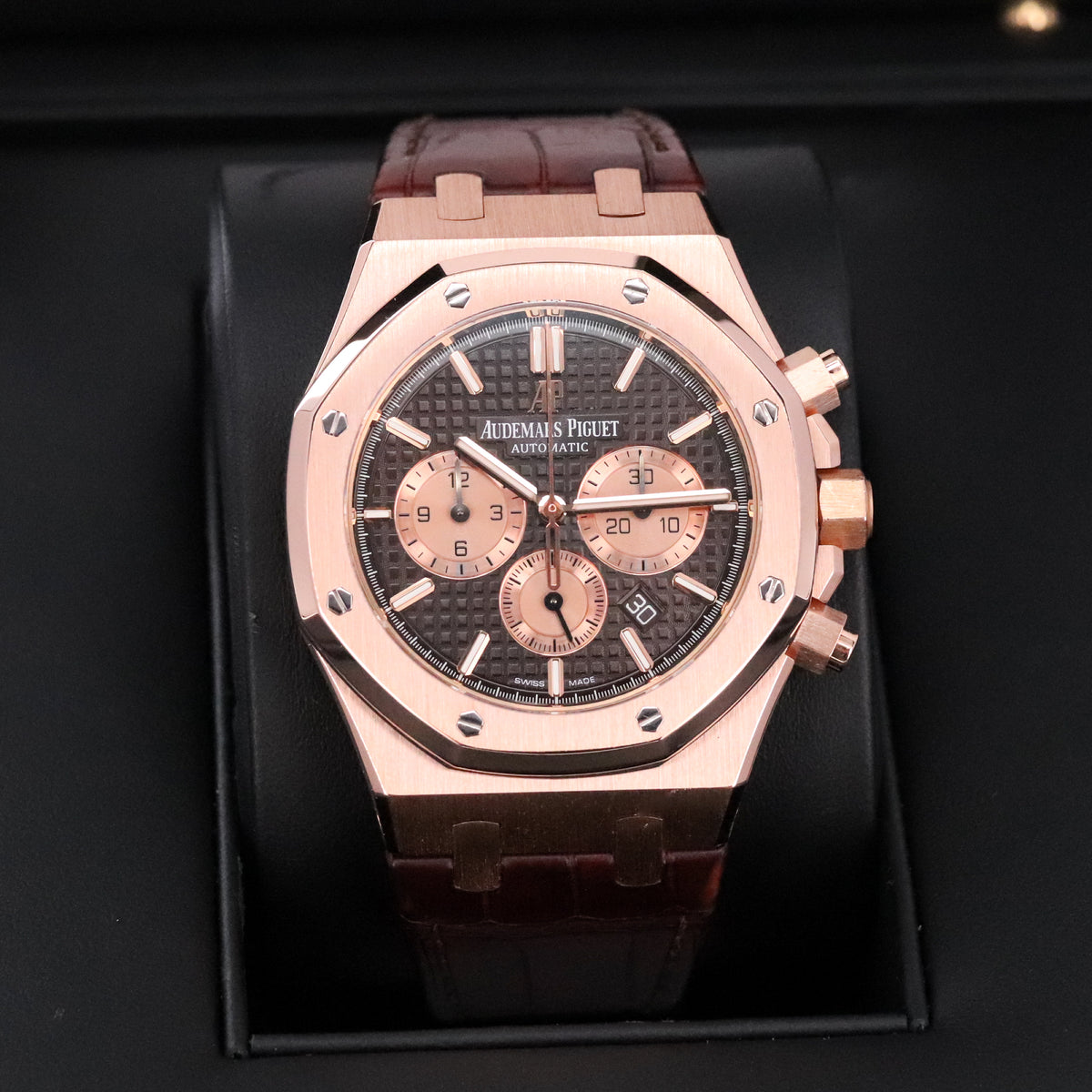 Audemars Piguet Royal Oak Chrono 2023 Complete 41mm Rose Gold Brown Chocolate Dial Brown Leather Strap 26331OR