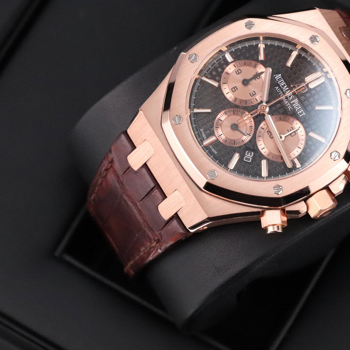 Audemars Piguet Royal Oak Chrono 2023 Complete 41mm Rose Gold Brown Chocolate Dial Brown Leather Strap 26331OR