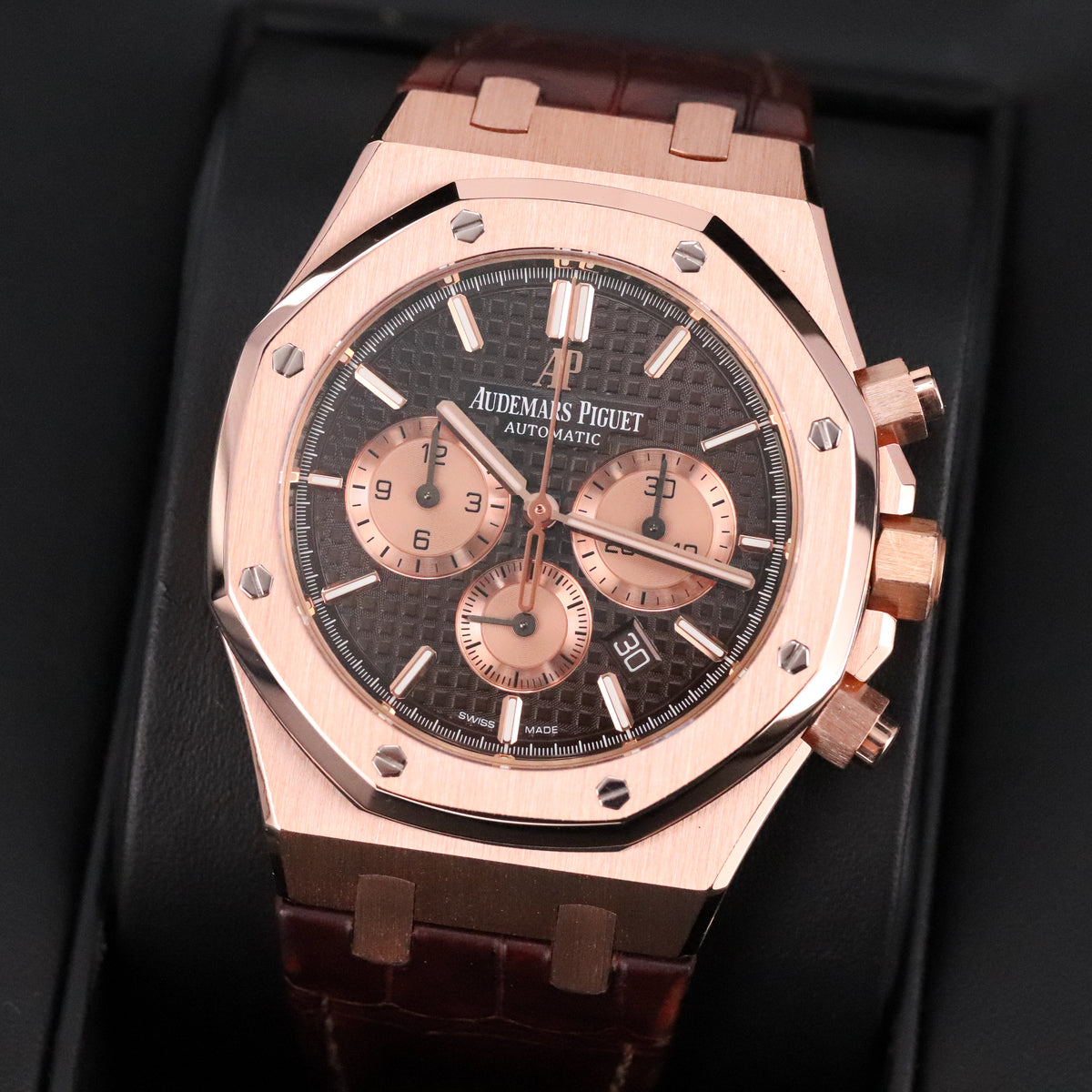 Audemars Piguet Royal Oak Chrono 2023 Complete 41mm Rose Gold Brown Chocolate Dial Brown Leather Strap 26331OR