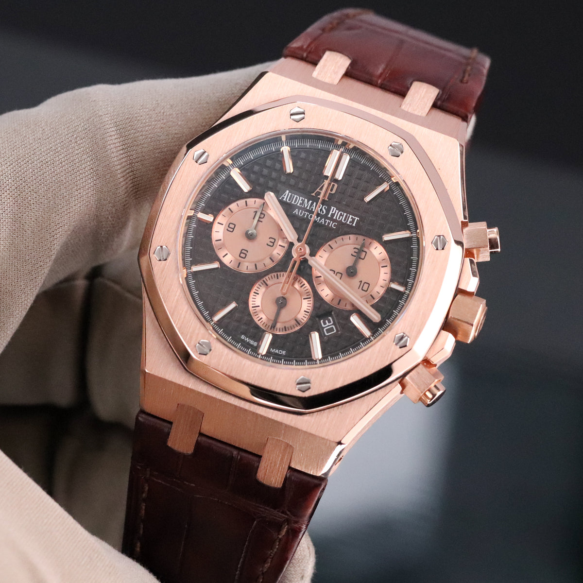 Audemars Piguet Royal Oak Chrono 2023 Complete 41mm Rose Gold Brown Chocolate Dial Brown Leather Strap 26331OR