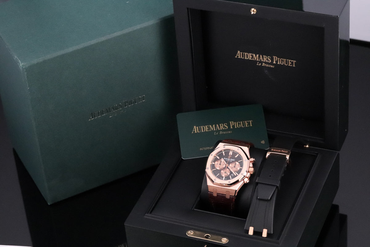 Audemars Piguet Royal Oak Chrono 2023 Complete 41mm Rose Gold Brown Chocolate Dial Brown Leather Strap 26331OR