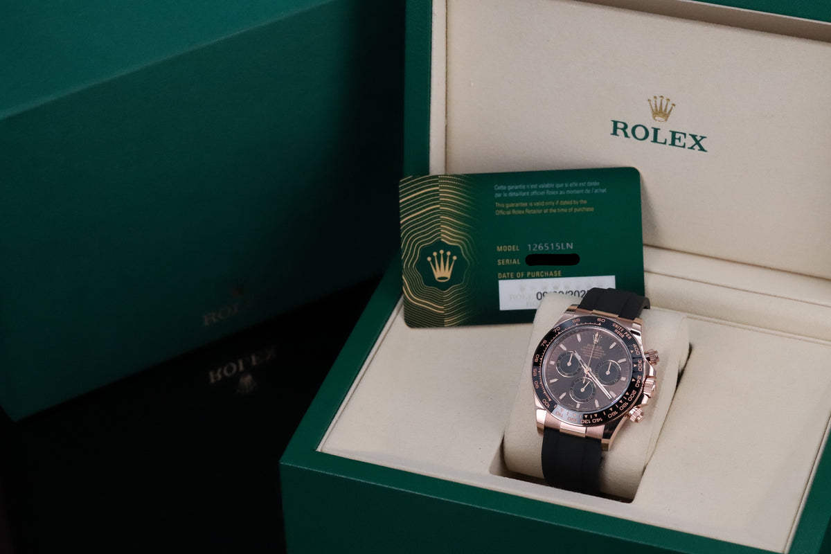 Rolex Cosmograph Daytona 2025 Complete 40mm Rose Gold Brown Dial Black Oysterflex Strap 126515LN