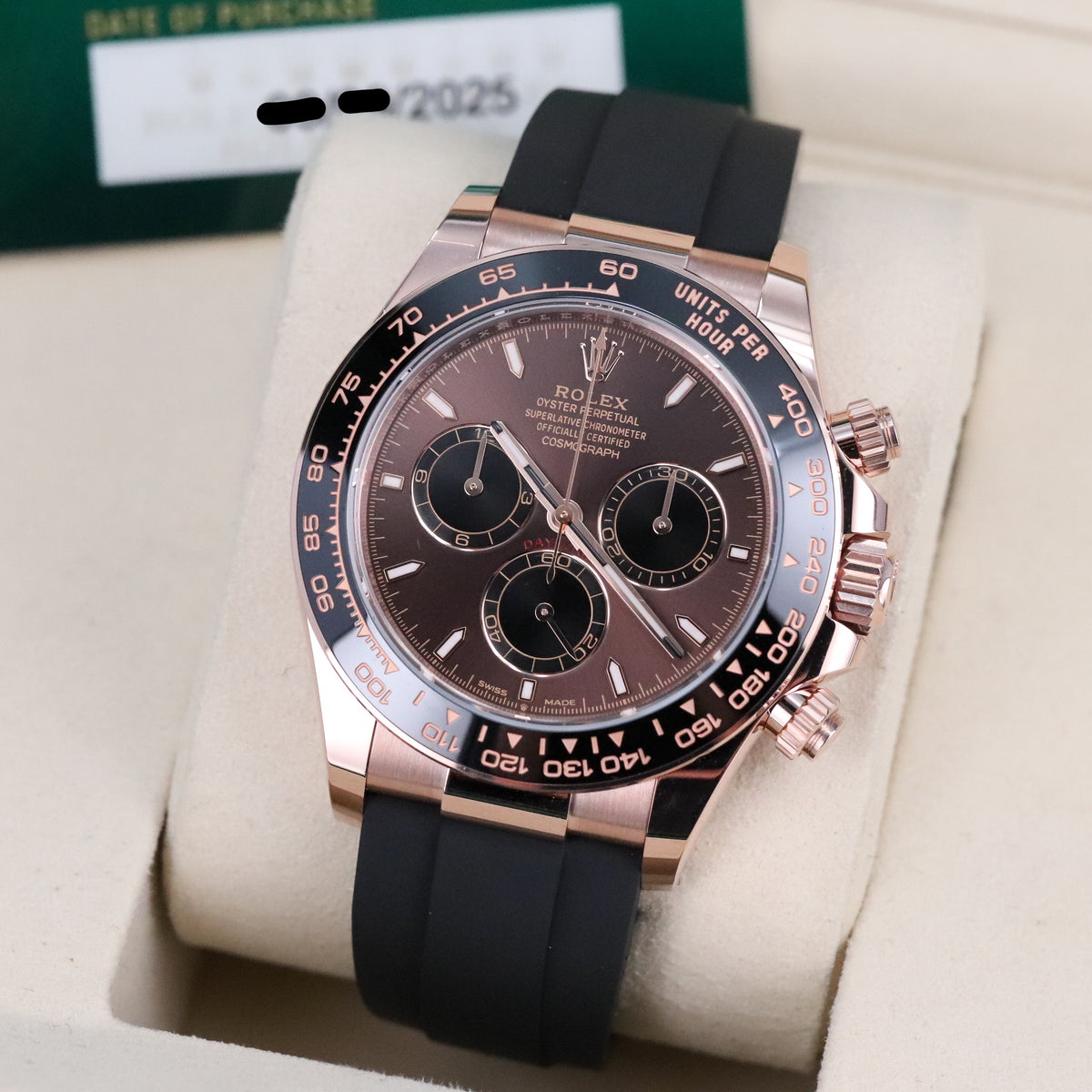 Rolex Cosmograph Daytona 2025 Complete 40mm Rose Gold Brown Dial Black Oysterflex Strap 126515LN
