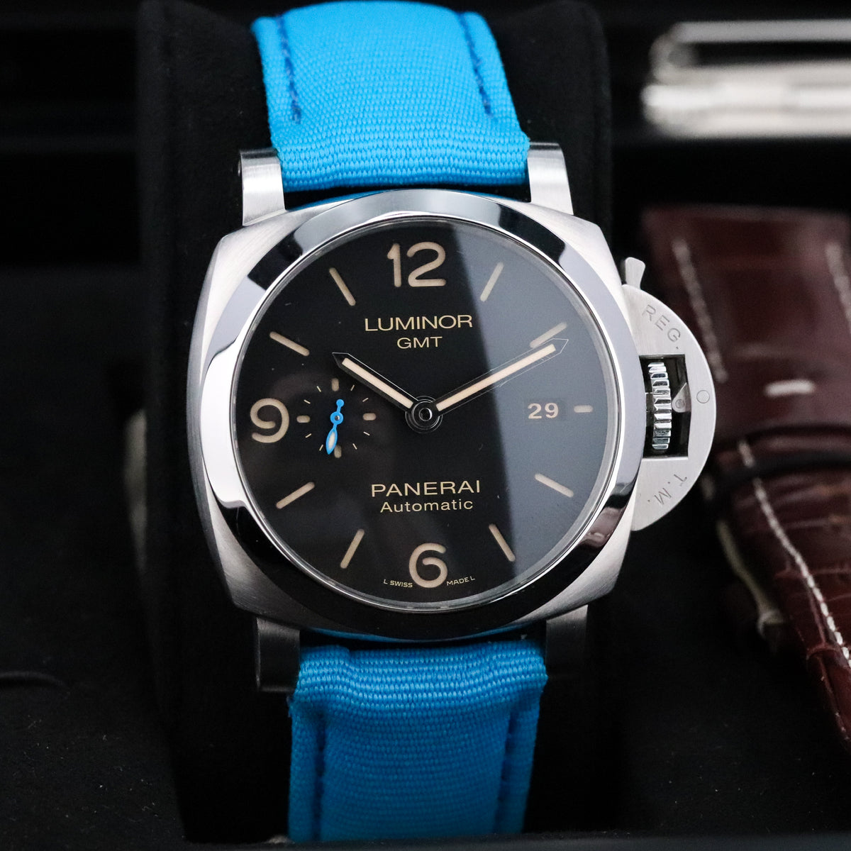 Panerai Luminor 1950 3 Days GMT Complete 44mm Steel Case Black Dial Smooth Bezel Blue Strap PAM01320