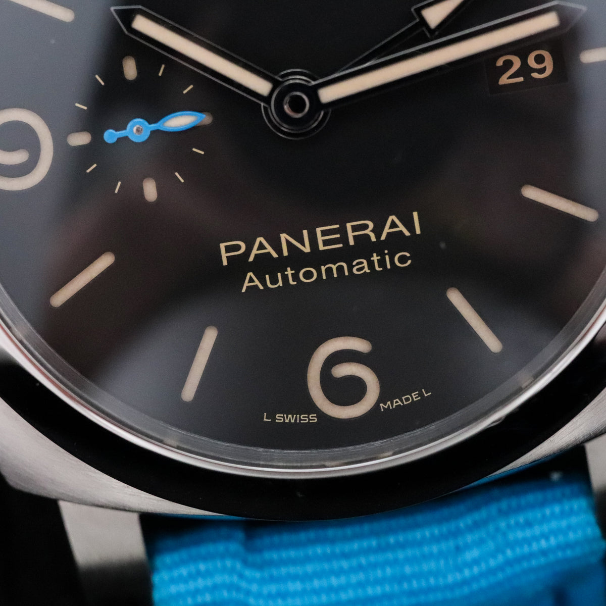 Panerai Luminor 1950 3 Days GMT Complete 44mm Steel Case Black Dial Smooth Bezel Blue Strap PAM01320