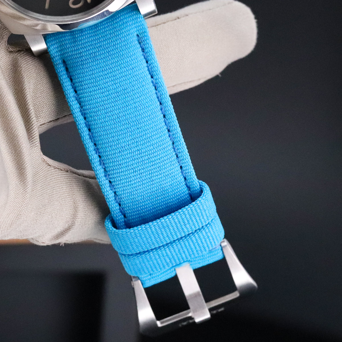 Panerai Luminor 1950 3 Days GMT Complete 44mm Steel Case Black Dial Smooth Bezel Blue Strap PAM01320