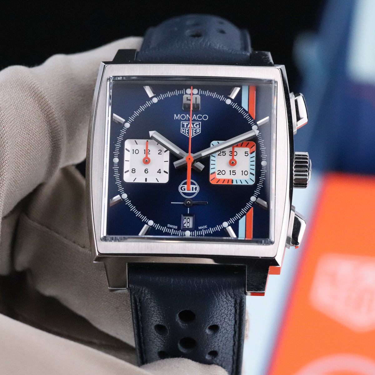 Tag Heuer Monaco Gulf 2025 Complete 39mm Steel Case Blue Sunray Dial Steel Bezel Blue Leather Strap CBL2115.FC6494