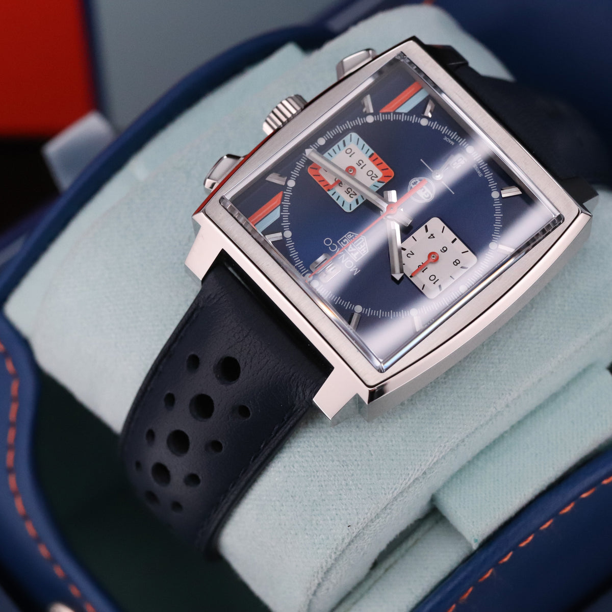 Tag Heuer Monaco Gulf 2025 Complete 39mm Steel Case Blue Sunray Dial Steel Bezel Blue Leather Strap CBL2115.FC6494