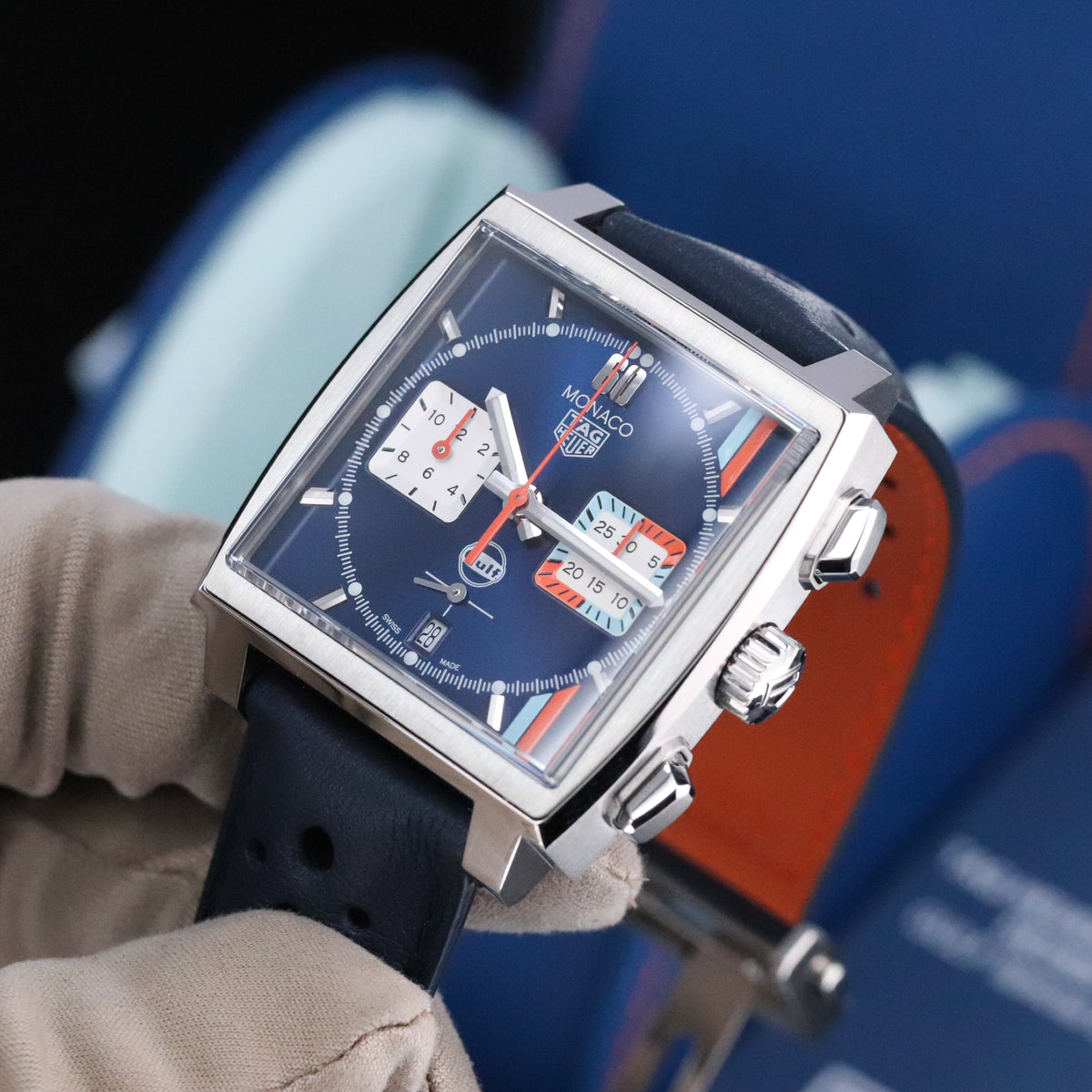 Tag Heuer Monaco Gulf 2025 Complete 39mm Steel Case Blue Sunray Dial Steel Bezel Blue Leather Strap CBL2115.FC6494