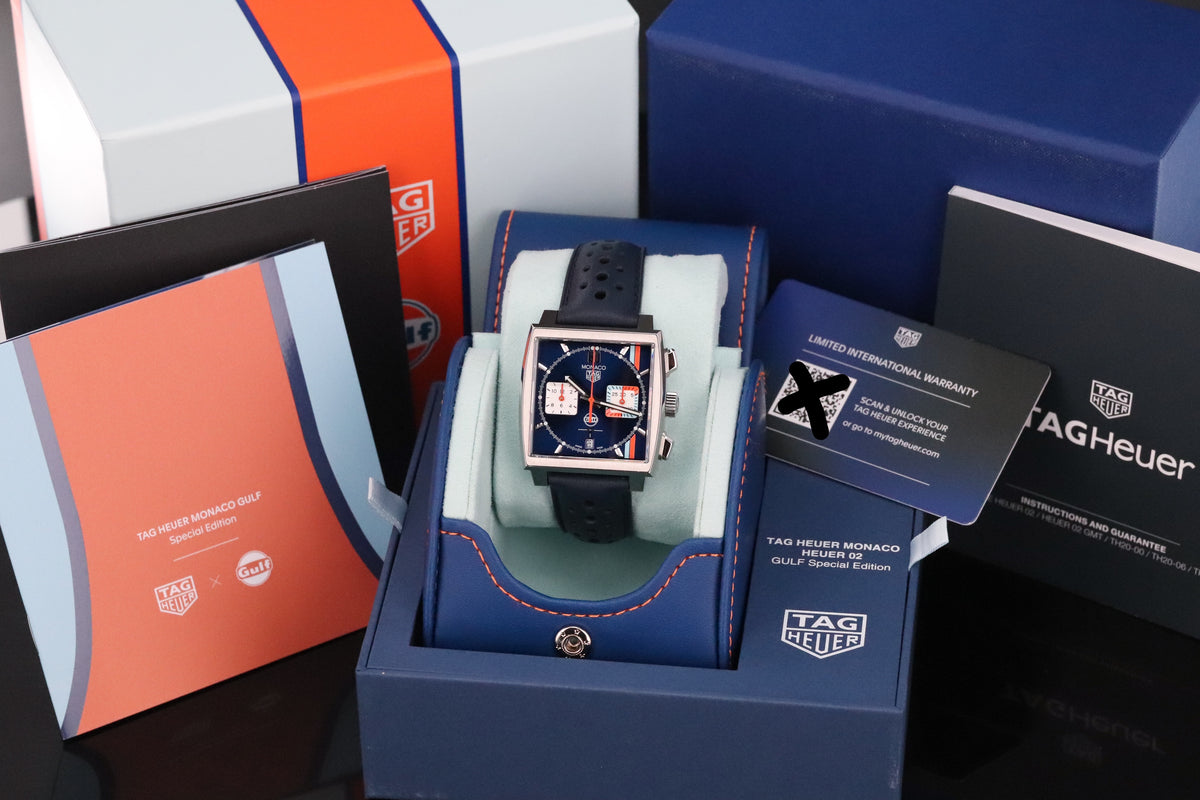 Tag Heuer Monaco Gulf 2025 Complete 39mm Steel Case Blue Sunray Dial Steel Bezel Blue Leather Strap CBL2115.FC6494