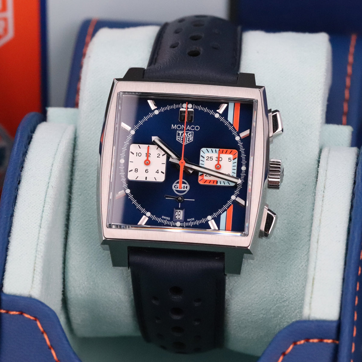 Tag Heuer Monaco Gulf 2025 Complete 39mm Steel Case Blue Sunray Dial Steel Bezel Blue Leather Strap CBL2115.FC6494