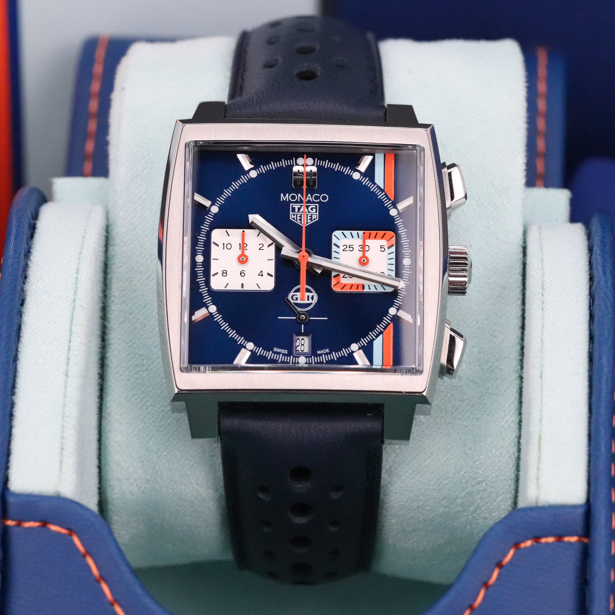 Tag Heuer Monaco Gulf 2025 Complete 39mm Steel Case Blue Sunray Dial Steel Bezel Blue Leather Strap CBL2115.FC6494