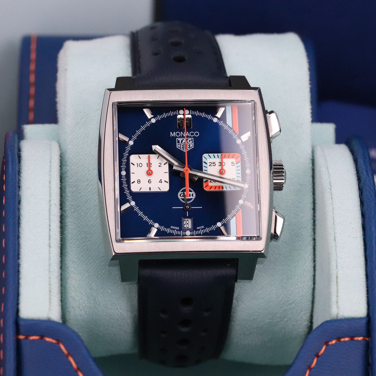 Tag Heuer Monaco Gulf 2025 Complete 39mm Steel Case Blue Sunray Dial Steel Bezel Blue Leather Strap CBL2115.FC6494