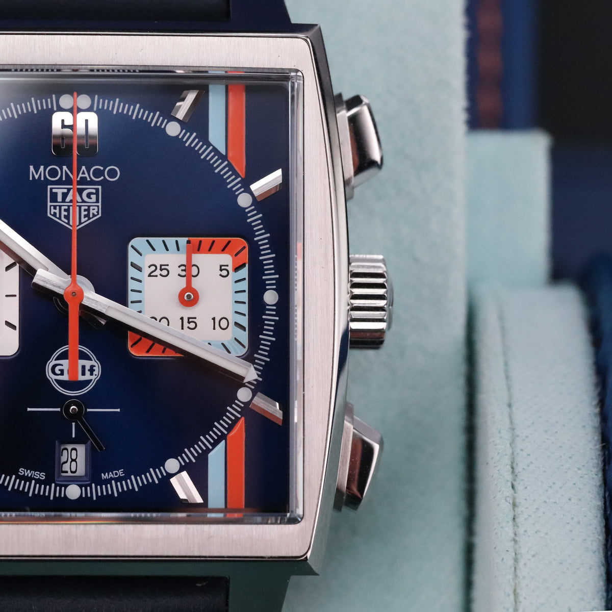 Tag Heuer Monaco Gulf 2025 Complete 39mm Steel Case Blue Sunray Dial Steel Bezel Blue Leather Strap CBL2115.FC6494