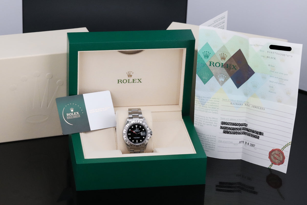 Rolex Explorer II Complete RSC Card 40mm Steel Case Black Dial Silver Bezel Oyster Bracelet 16570