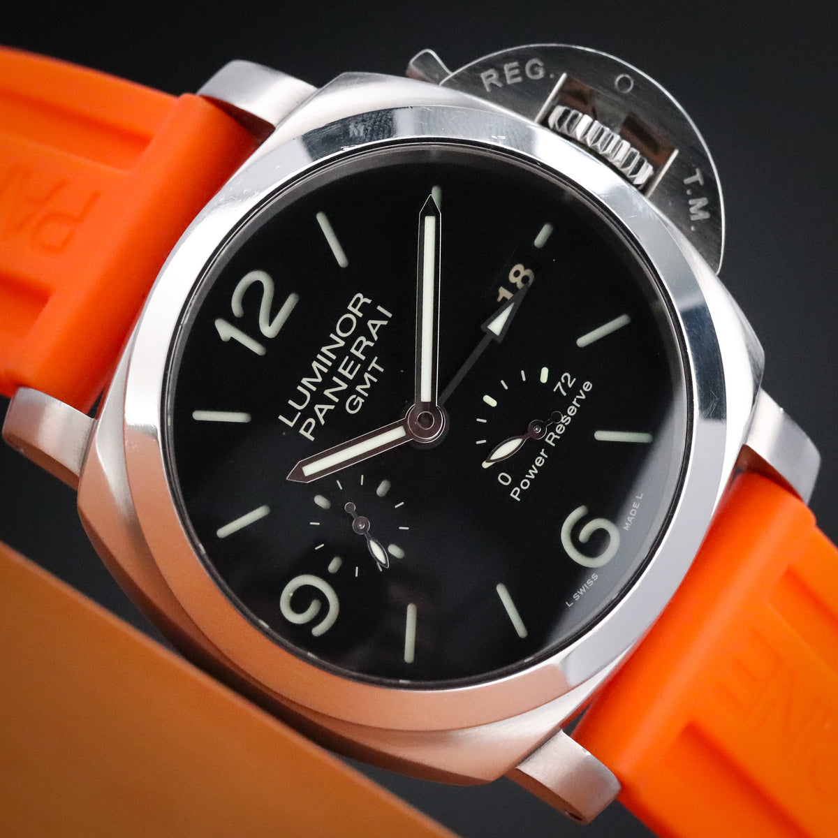 Panerai Luminor Marina 1950 Complete 44mm Steel Case Black Dial Smooth Silver Bezel Orange Strap PAM00321