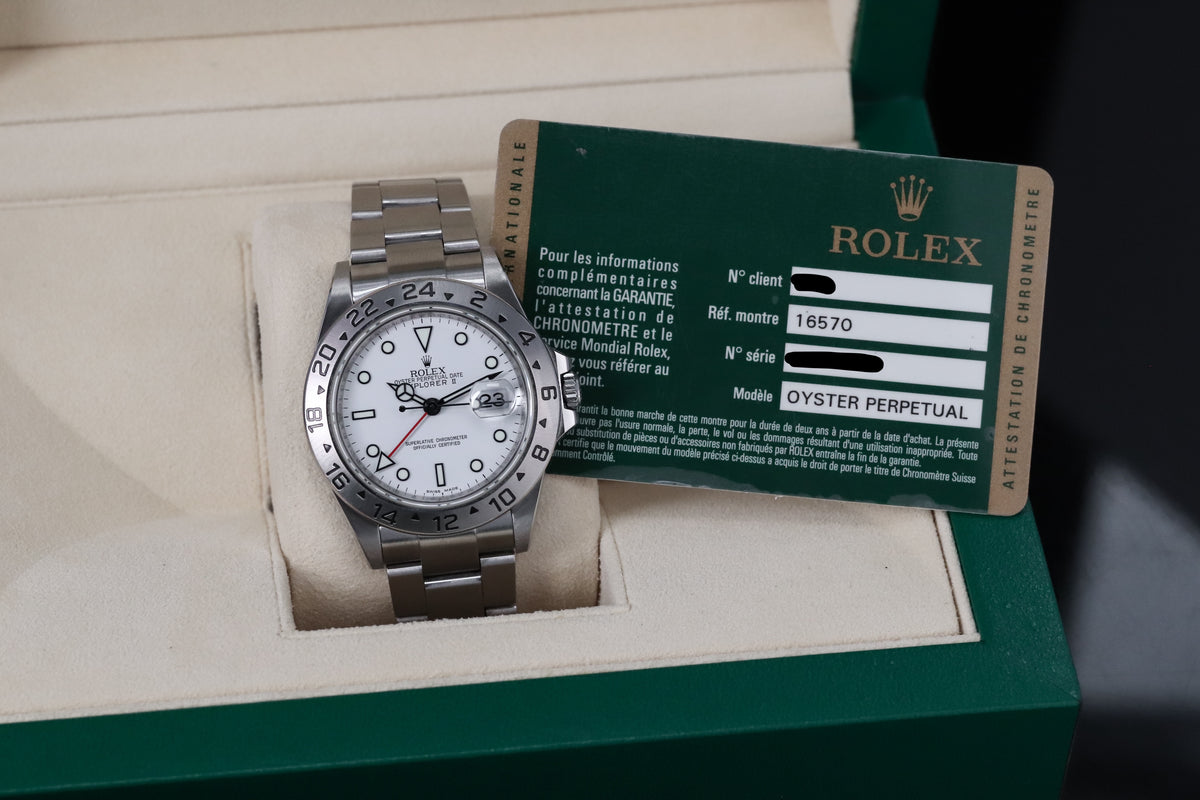 Rolex Explorer II Complete 40mm Steel Case White Dial Steel Silver Bezel Oyster Bracelet 16570