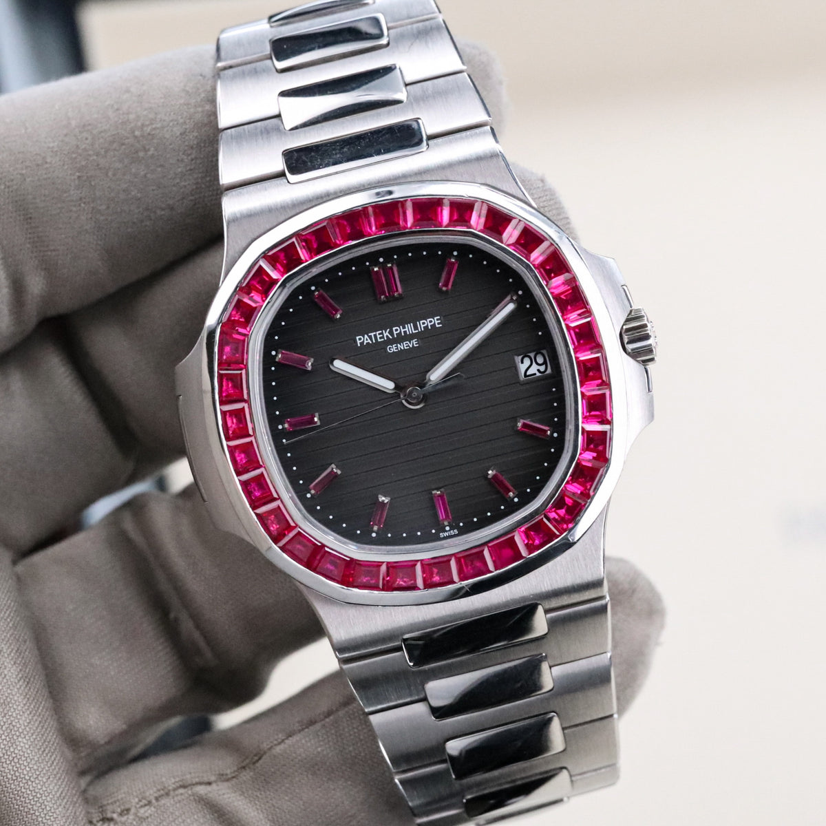 Patek Philippe Nautilus 5711 Ruby Bezel Platinum Grey Dial OEM Movement, Rest of Watch is CUSTOM
