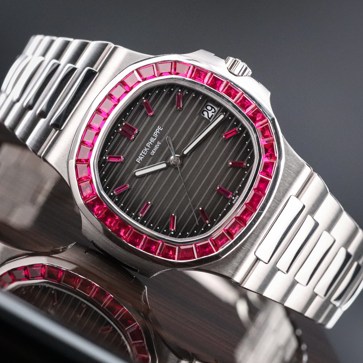 Patek Philippe Nautilus 5711 Ruby Bezel Platinum Grey Dial OEM Movement, Rest of Watch is CUSTOM