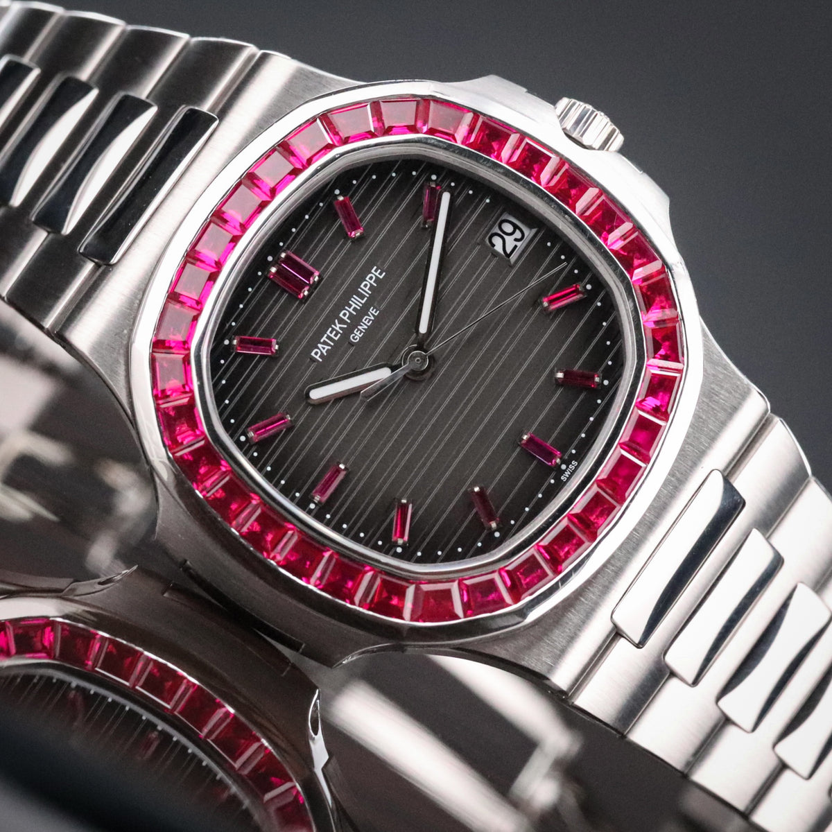Patek Philippe Nautilus 5711 Ruby Bezel Platinum Grey Dial OEM Movement, Rest of Watch is CUSTOM