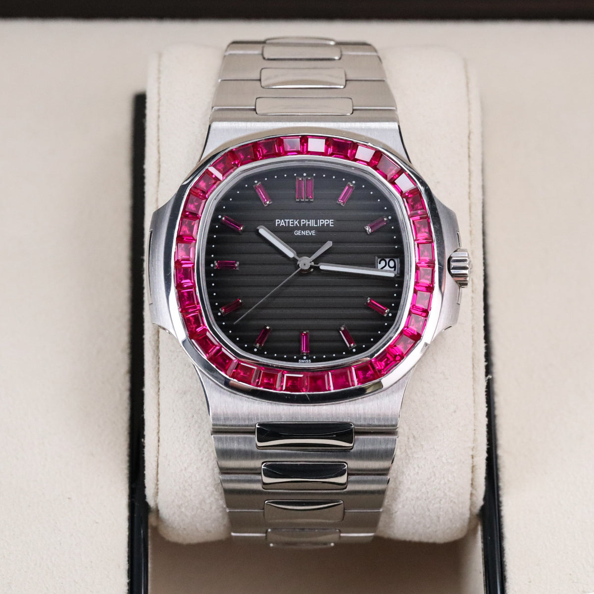 Patek Philippe Nautilus 5711 Ruby Bezel Platinum Grey Dial OEM Movement, Rest of Watch is CUSTOM