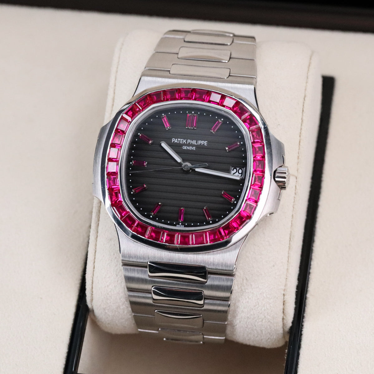 Patek Philippe Nautilus 5711 Ruby Bezel Platinum Grey Dial OEM Movement, Rest of Watch is CUSTOM