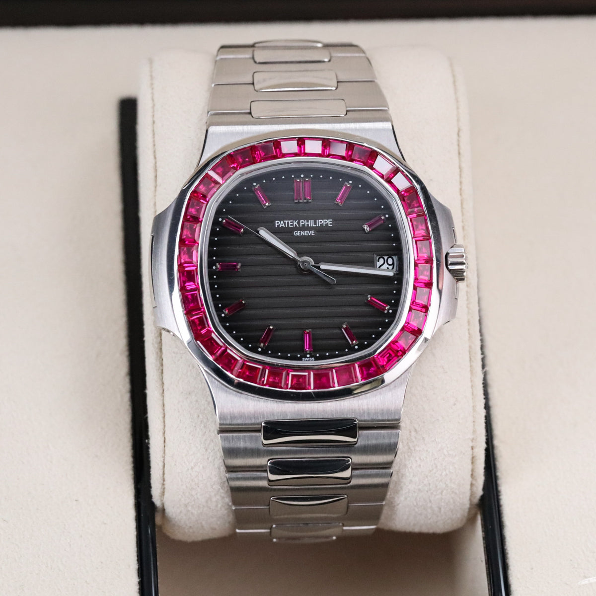 Patek Philippe Nautilus 5711 Ruby Bezel Platinum Grey Dial OEM Movement, Rest of Watch is CUSTOM