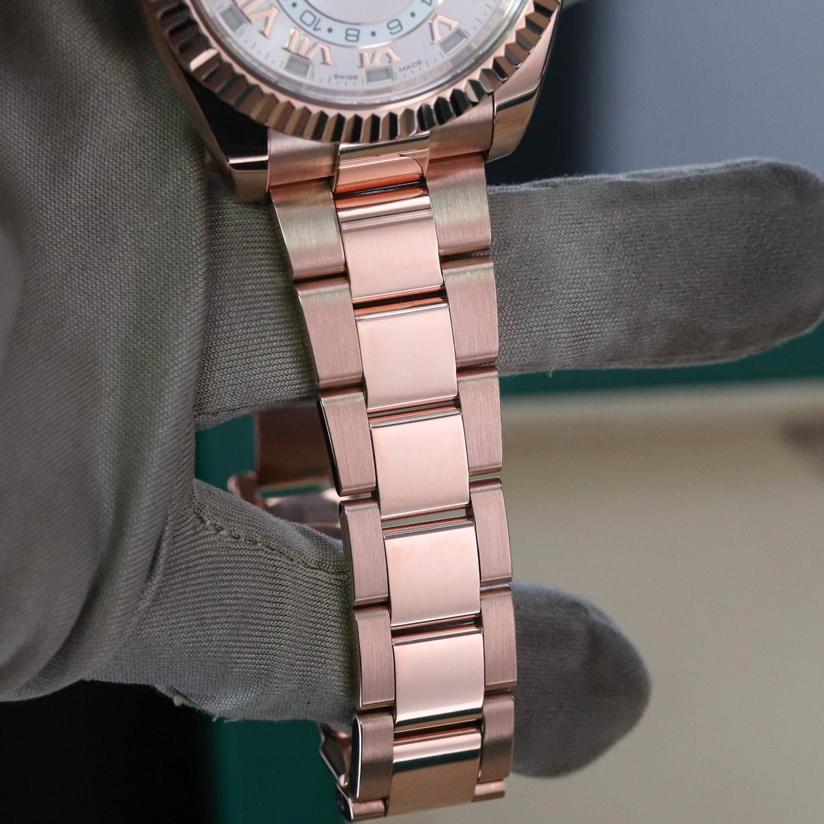 Rolex Sky-Dweller 42mm Sundust Rose Gold Roman Dial Fluted Gold Bezel 326935