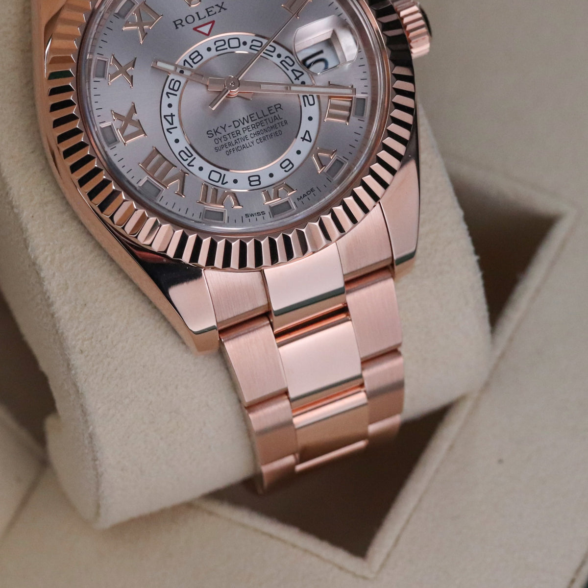 Rolex Sky-Dweller 42mm Sundust Rose Gold Roman Dial Fluted Gold Bezel 326935