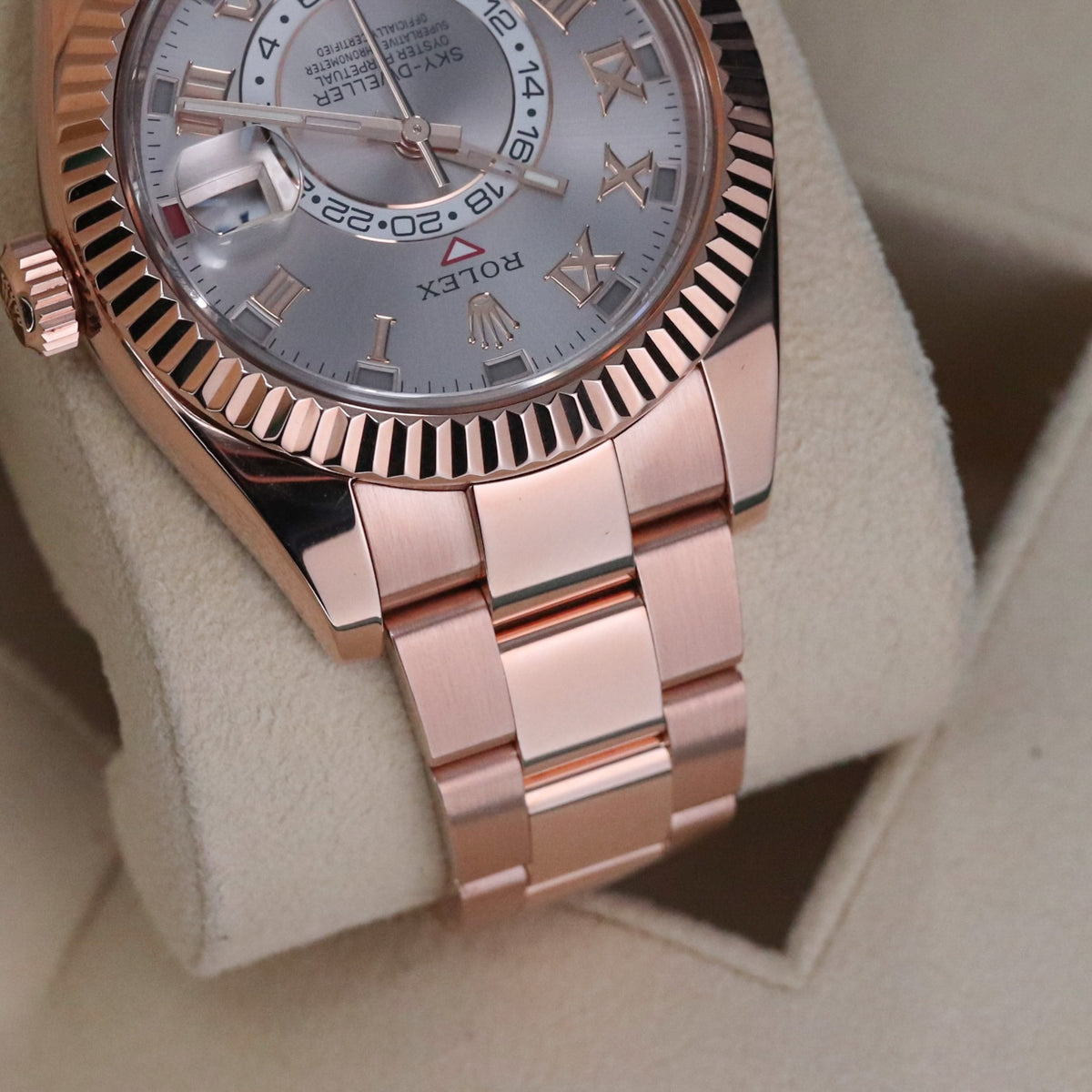 Rolex Sky-Dweller 42mm Sundust Rose Gold Roman Dial Fluted Gold Bezel 326935